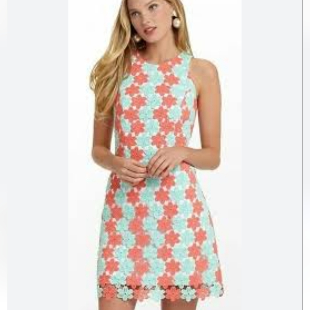 EUC Lilly Pulitzer Pearl Sunrise Orange Petal Lace Shift Dress sz 14